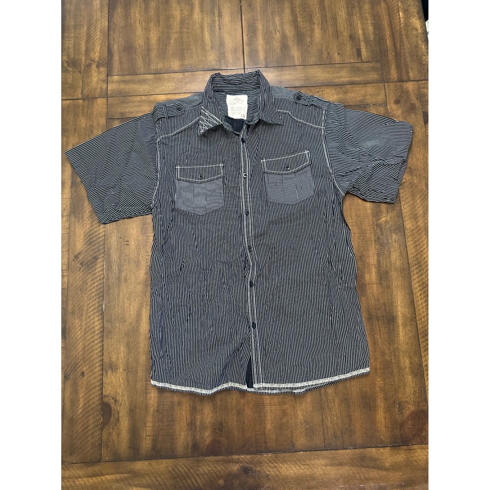 Vintage Y2K Route 66 Mens Short Sleeve Striped Button Down Shirt Graphic Large